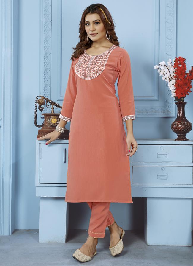 Cotton Peach Casual Wear Embroidery Work Kurti With Pant